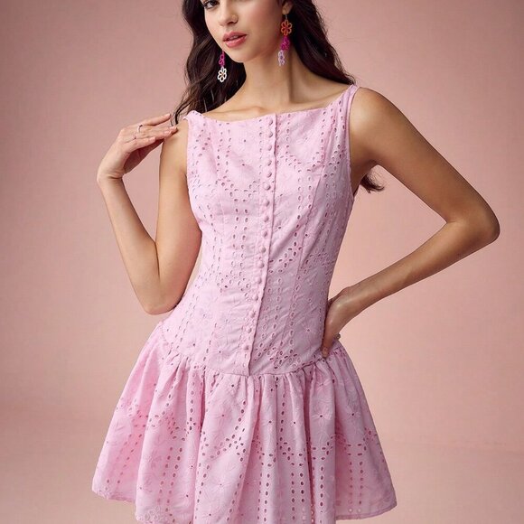 Pink Elegant Women's Sleeveless Pleated Short Dress - Picture 5 of 7